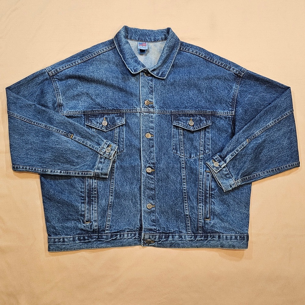 Vintage Tyca Denim Jacket Mens 2XL Embossed Eagle USA Flag Made in USA Trucker
